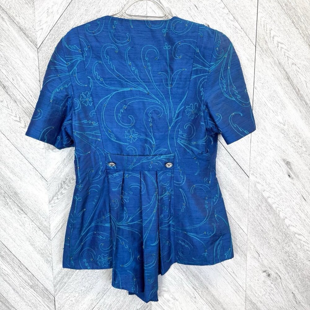VTG 80s Skirt Suit Set Glam Power Cocktail Party Business Blue Rhinestone M/L - Picture 10 of 14